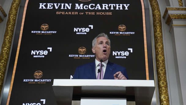 PHOTO: House Speaker Kevin McCarthy delivers a speech on the economy at the New York Stock Exchange (NYSE) in New York, April 17, 2023. (Timothy A. Clary/AFP via Getty Images)