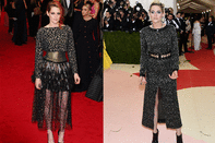 Kirsten Stewart played it safe in Chanel again at this year's 'Manu x Machina' Met Gala, going for a very similar silvery black dress with a belt to her 'Charles James: Beyond Fashion' 2014 Met Gala gown.