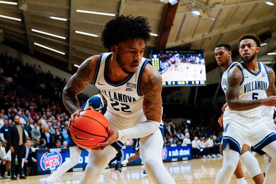 Feb 14, 2023; Villanova, Pennsylvania, USA; Villanova Wildcats forward Cam Whitmore (22) grabs a rebound against the Butler Bulldogs during the first half  at William B. Finneran Pavilion.