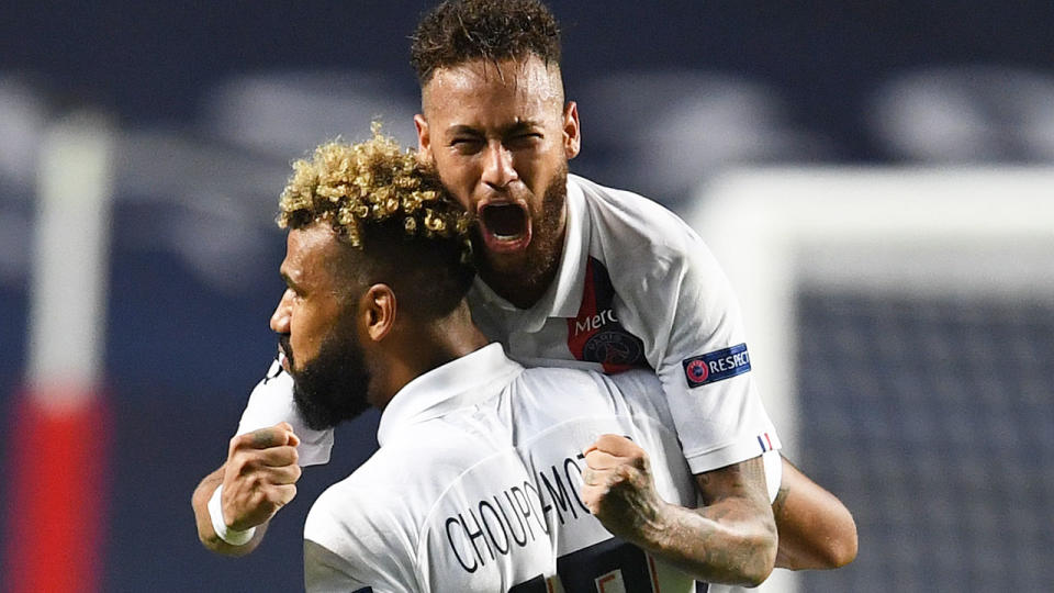 Neymar is seen here celebrating PSG's win against Atalanta.