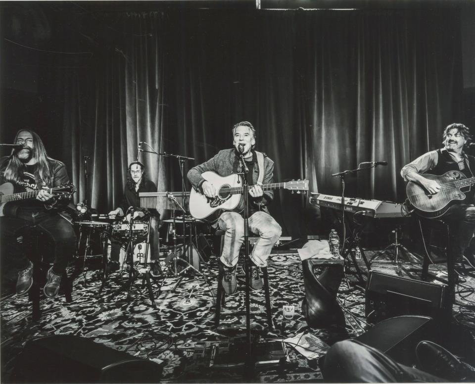 Kenny Loggins and his band circa 2020 (from left): Scott Bernard on guitar, Dave Salinas on percussion, and Rick Cowling on bass. Not pictures, Carl Herrgesell on keyboards.