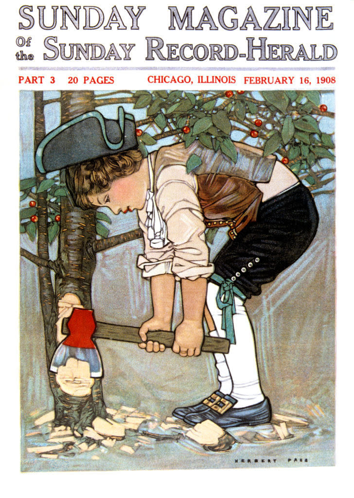 A Sunday magazine from 1908 with a drawing of a boy chopping down a tree