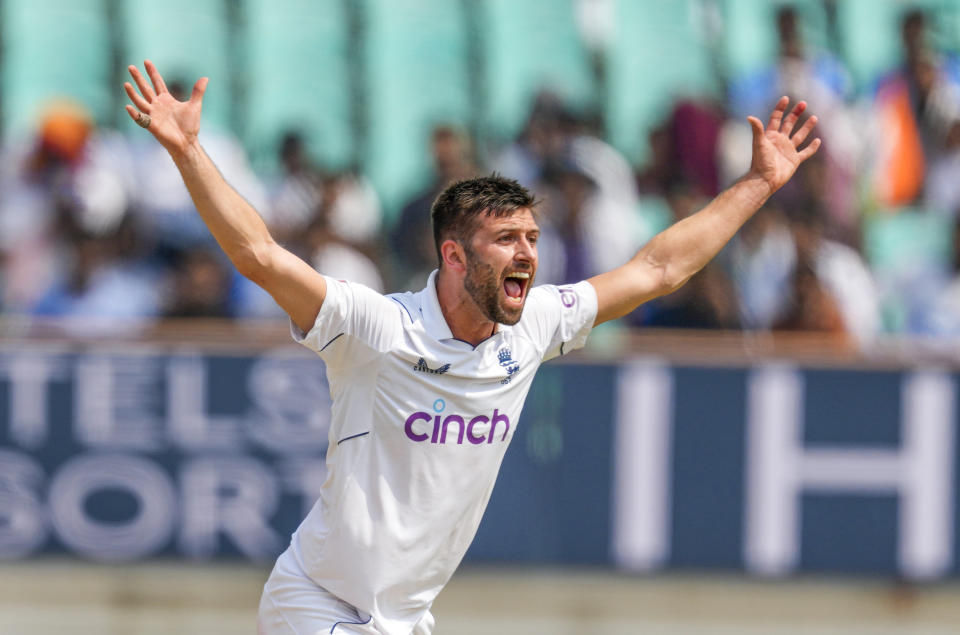 England's Mark Wood appeals unsuccessfully for the leg before wicket of India's Ravindra Jadeja on the first day of the third cricket test match between India and England in Rajkot, India, Thursday, Feb. 15, 2024. (AP Photo/Ajit Solanki)