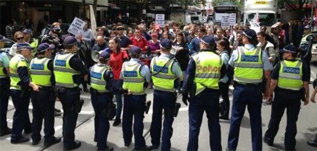 Student protesters in stand off with police in Bourke Street. Photo: Twitter Dean Felton (@deanfelton7)