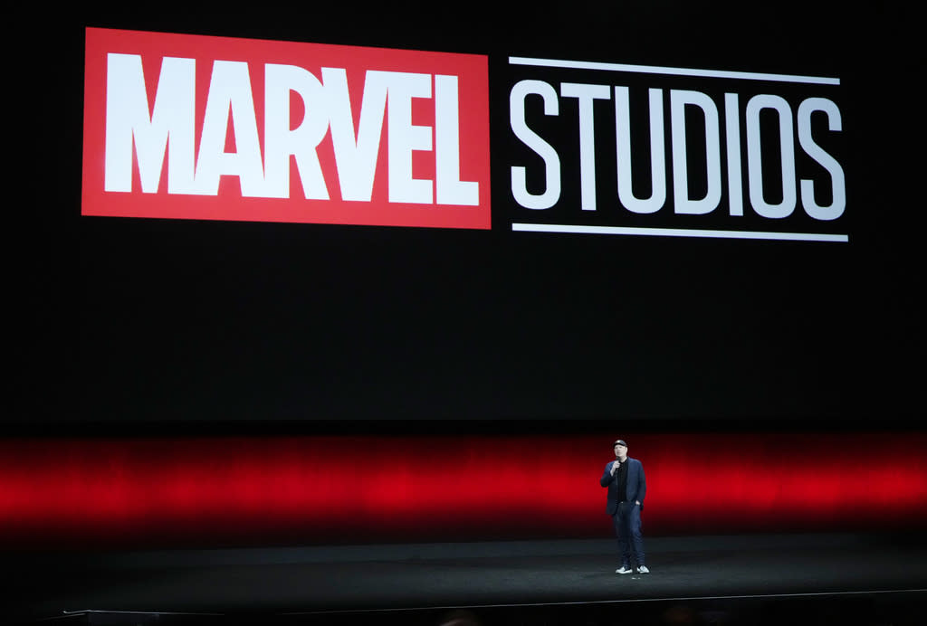 Kevin Feige, president of Marvel Studios, addresses the audience during the Walt Disney Studios presentation at CinemaCon 2024.
