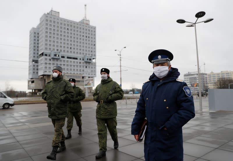 Cossacks wear SilverMask reusable face masks as they patrol the streets in Kaliningrad