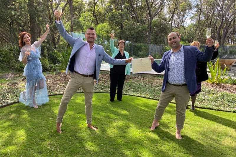 Australian couple Afred Najjar and Ben Wilkinson, from Canberra, were married under the new social-distancing restrictions on weddings.