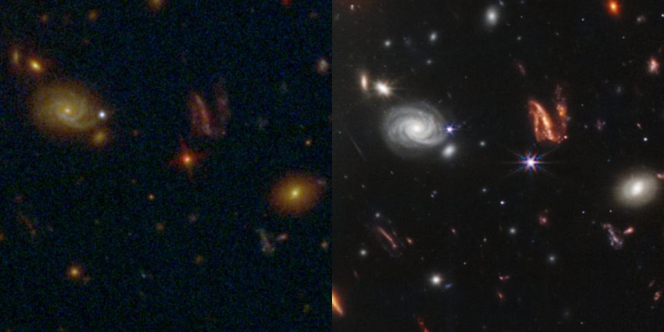 Side by side collage of the Hubble and James Webb space telescope pictures are zoomed in around select galazies to show the difference in resolution.