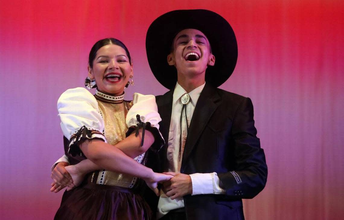 Jasmine Iñíguez and Ezekiel Flores perform ‘Parque Anahuac’ from Chihuahua at the Central East Danzantes de Tláloc 25th anniversary show at the Performing Arts Center on May 26, 2023.