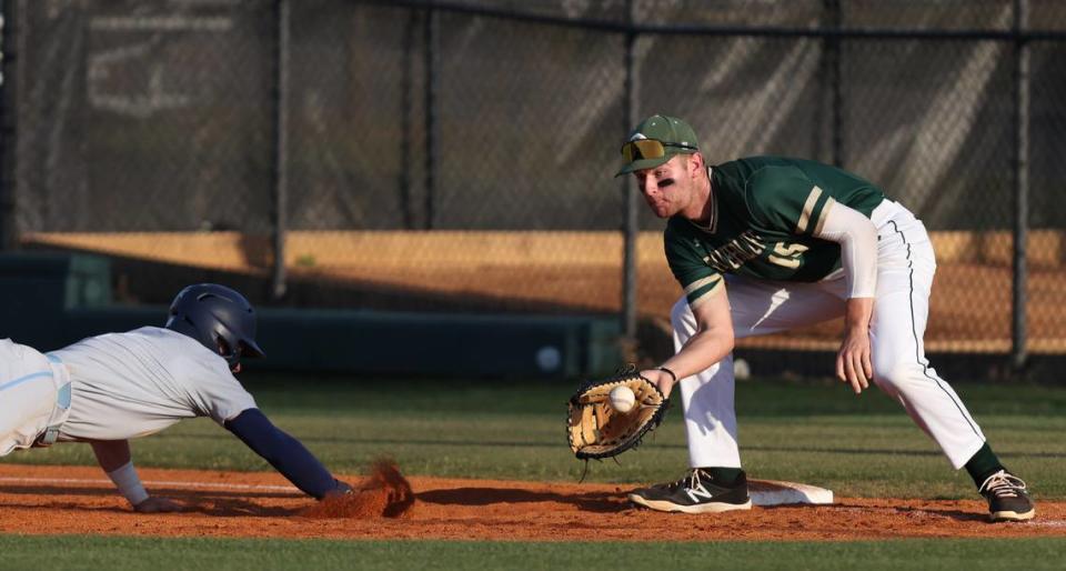 Maddox Floyd (2) of Chapin dives safely into first, ahead of the tag by Beau Hollins (15) of River Bluff during River Bluff’s game against Chapin in Lexington on Friday, April 28, 2023.