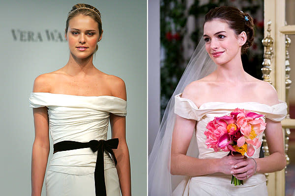 The bridal battle royale showcases Hathaway in a traditional, vintage-style wedding dress.