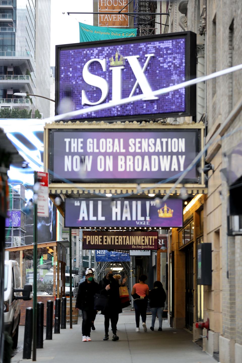 The Brooks Atkinson Theatre in Manhattan, photographed April 12, 2021, was where the play "Six" was to open before the COVID-19 pandemic. New York Gov. Andrew Cuomo ordered all theaters to close just hours before "Six" opening night performance.