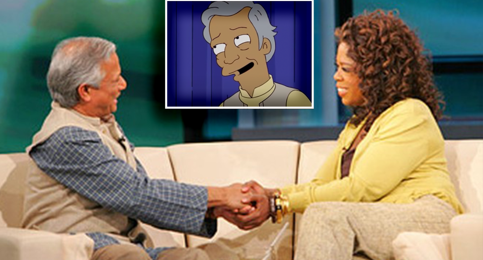 Professor Yunus sitting on a couch with Oprah Winfrey. Inset - Professor Yunus's face on The Simpsons