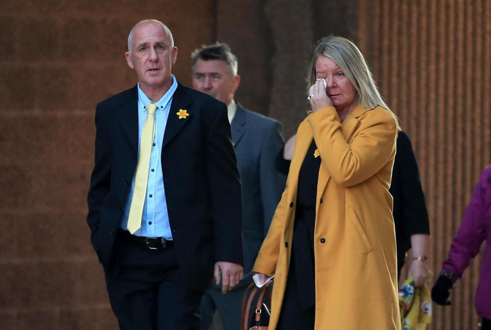 Tracy Hayes, right, the mother of murdered travel agent Cassie Hayes, at Liverpool Crown Court with family and friends (Picture: PA)