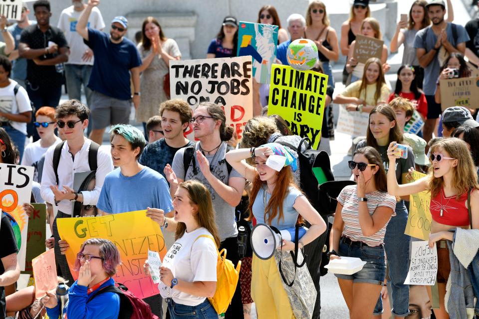 Students in Nashville participate in the Global Climate Strike at the Tennessee state Capitol on Friday, Sept. 20, 2019.