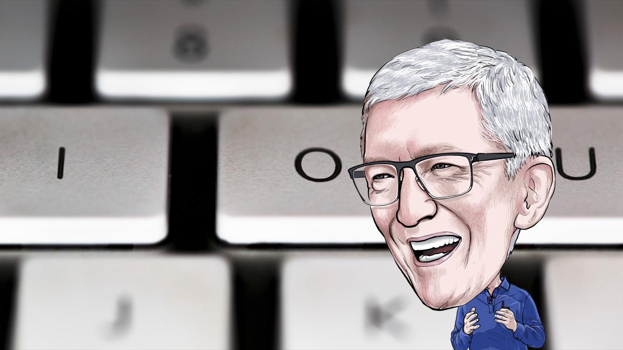  Caricature of Tim Cook CEO Apple and keyboard saying I O U 