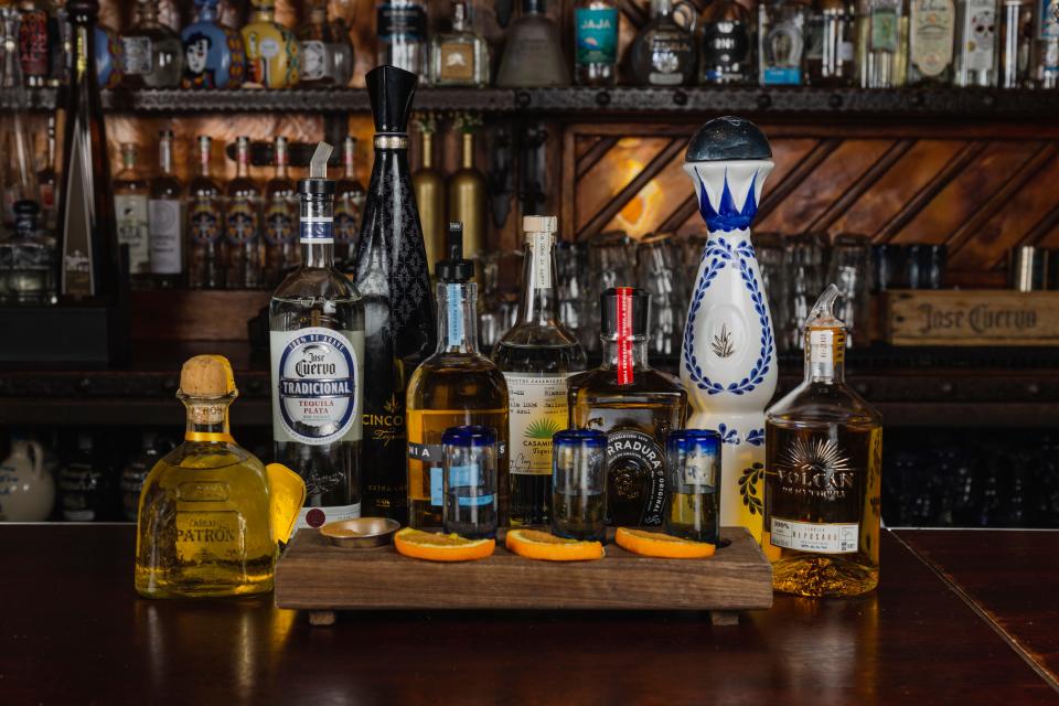 A lineup of tequilas at Rocco's Tacos.