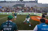 Mexico and Bulgaria play a match at the Homeless World Cup, Tuesday, July 11, 2023, in Sacramento, Calif. Mel Young, who founded the organization running the tournament, said the aim is to build players’ confidence to achieve their goals beyond the games. Some of the athletes have gone on to play professionally, but that's not the point, Young said. (AP Photo/Godofredo A. Vásquez)