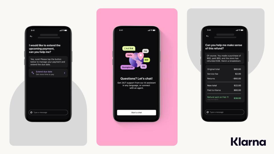 Phone screens showing what Klarna's chatbot feature looks like