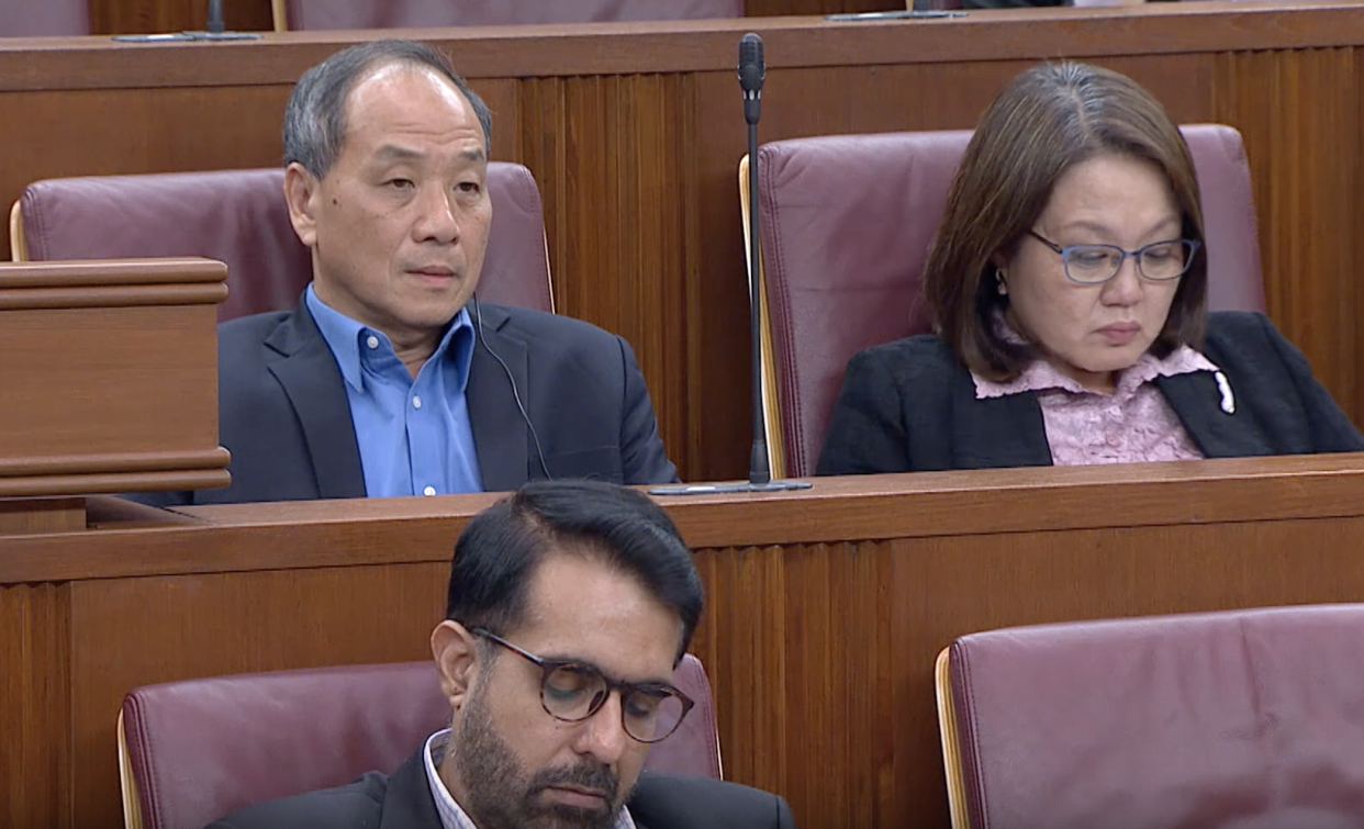 Former Workers' Party chief Low Thia Khiang (top left), WP chairperson Sylvia Lim (top right) and WP chief Pritam Singh in Parliament on 5 November, 2019. (SCREENCAP: govsingapore/YouTube)