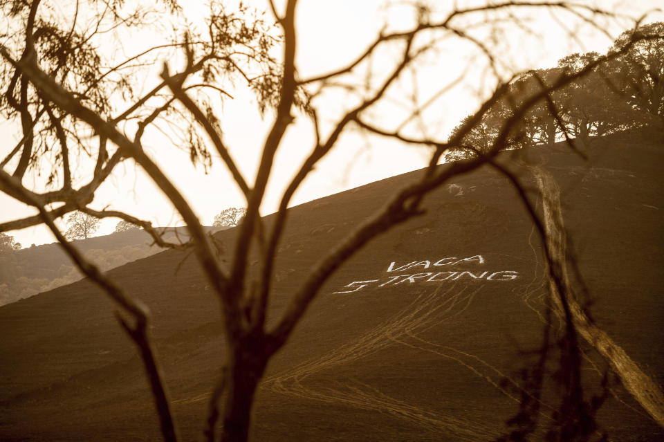 Following the LNU Lightning Complex fires, a sign reading "Vaca Strong" adorns a charred hillside in Vacaville, Calif., on Monday, Aug. 24, 2020. (AP Photo/Noah Berger)