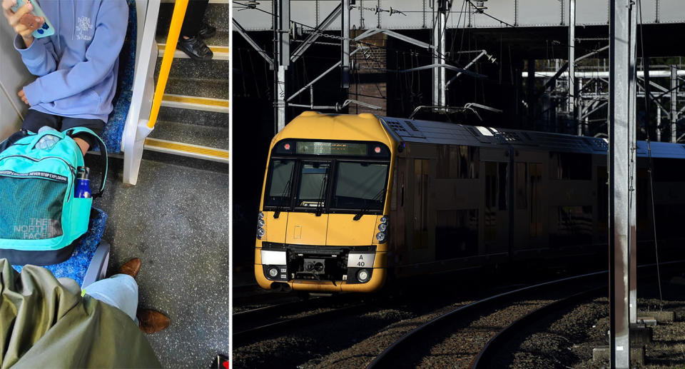 A photo of a passenger sitting down with their bag on the opposite empty seat, and another photo of a tram.