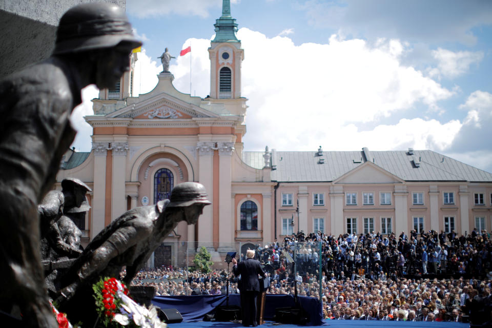 Trump gives a public speech in front of the Warsaw Uprising Monument at Krasinski Square.&nbsp;