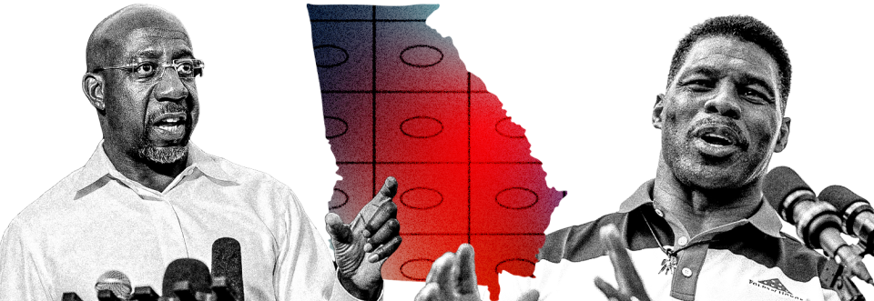 An outline of the state of Georgia with rows and columns of ballot bubbles between Raphael Warnock and Herschel Walker