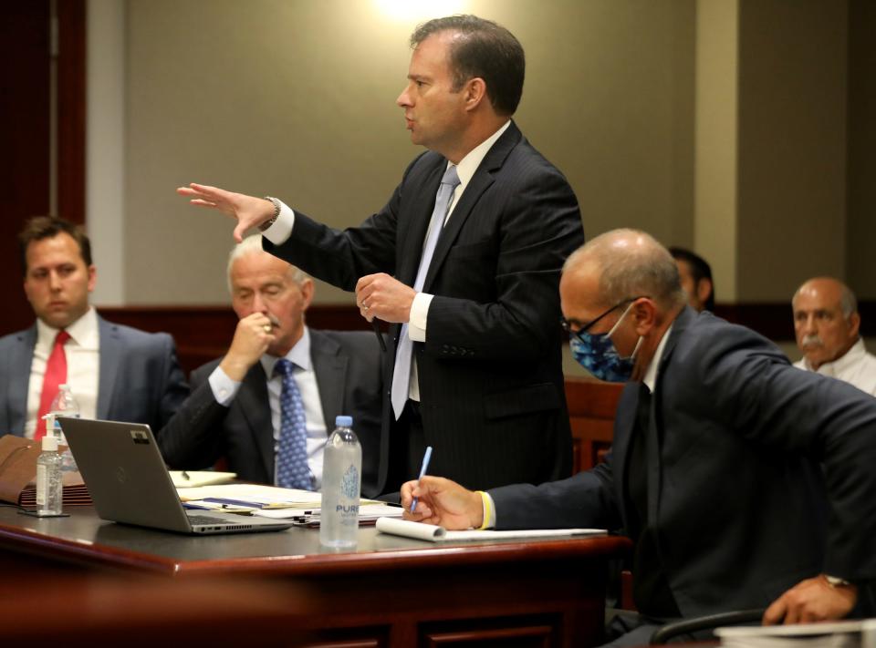 John Dakmak, the attorney for former Macomb County prosecutor Eric Smith, talks to visiting judge Cynthia Arvant inside 41B District Court in Clinton Township on July 9, 2021.