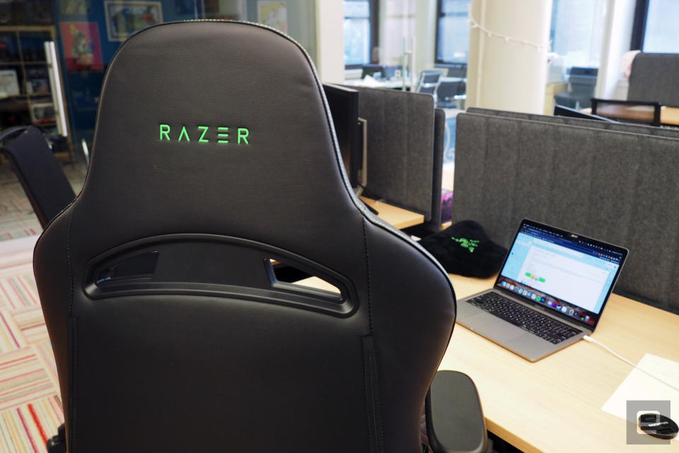 <p>The Razer Enki gaming chair, it's black with a high back and adjustable arm rests</p>
