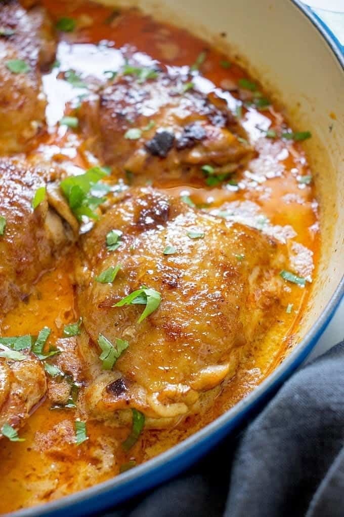 Hungarian chicken paprikash in a skillet