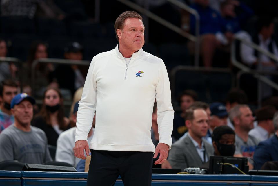 Nov 9, 2021; New York, New York, USA; Kansas Jayhawks head coach Bill Self looks on during the second half against the Michigan State Spartans at Madison Square Garden. Mandatory Credit: Vincent Carchietta-USA TODAY Sports