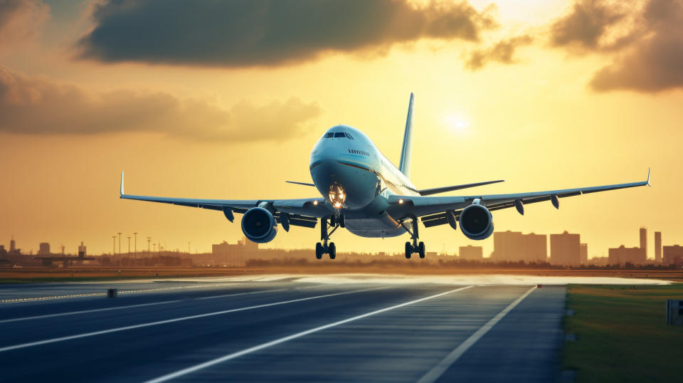 A side view of a large commercial aircraft taking off from a modern airport runway.