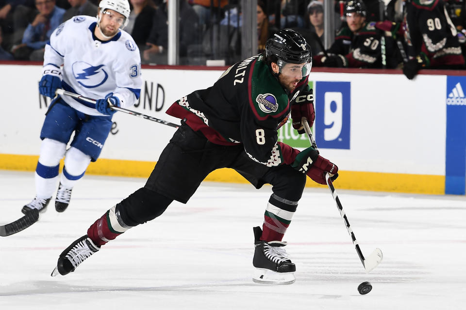 Nick Schmaltz #8 of the Arizona Coyotes. (Photo by Norm Hall/NHLI via Getty Images)