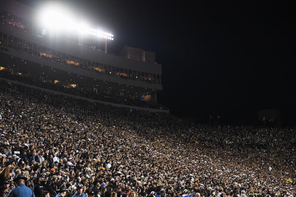 Colorado fans fill the stands during a college football game against Colorado State at Folsom Field on Saturday, Sep. 16, 2023, in Boulder, Colo.