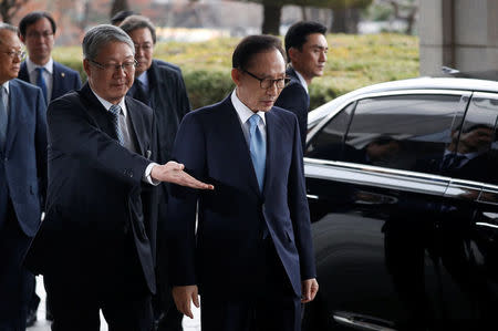 South Korea's former president Lee Myung-bak arrives at the prosecutors' office in Seoul, South Korea, March 14, 2018. REUTERS/Kim Hong-Ji/Pool