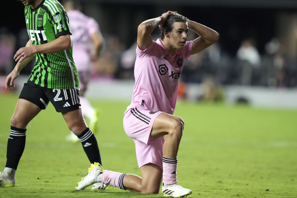 Inter Miami midfielder Benjamin Cremaschi reacts after missing a shot on goal during the second half of an MLS soccer match against Austin FC, Saturday, July 1, 2023, in Fort Lauderdale, Fla. (AP Photo/Lynne Sladky)