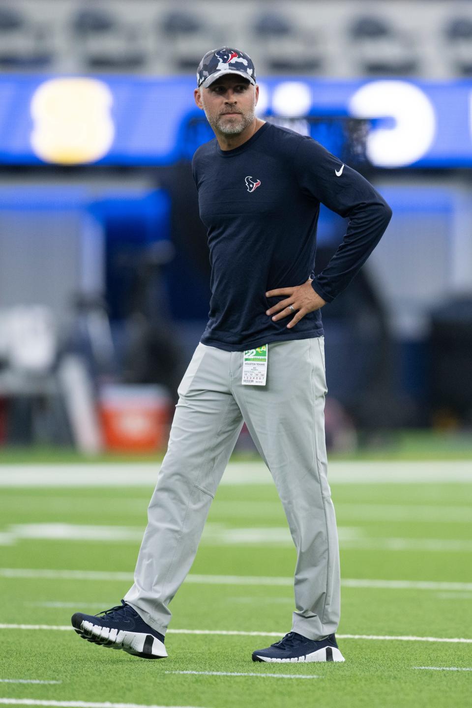 Houston Texans wide receivers coach Ben McDaniels watches his players before a preseason game against the Los Angeles Rams Friday, Aug. 19, 2022, in Inglewood, Calif.