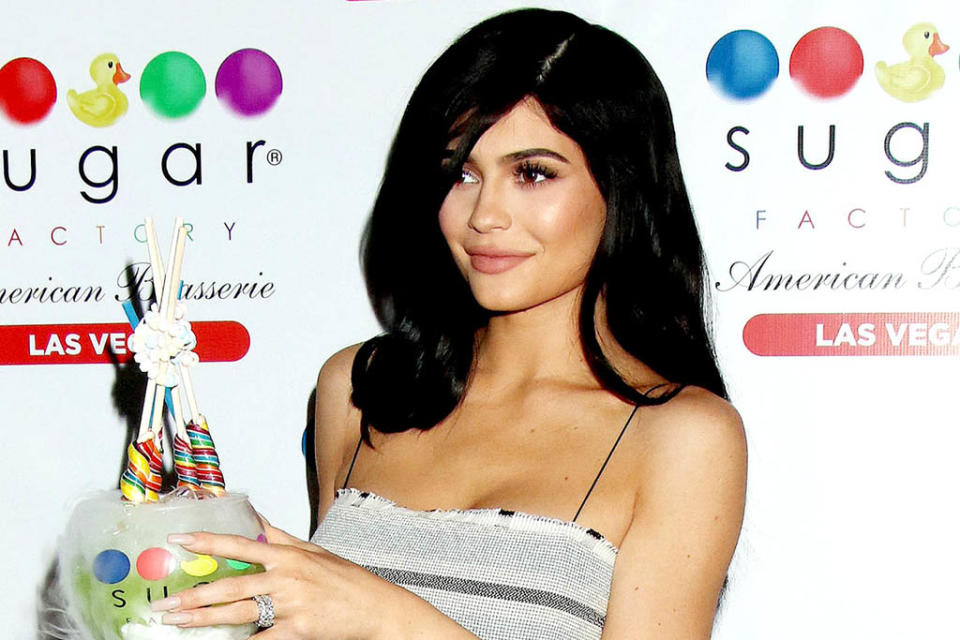 kylie jenner sugar factory stuart weitzman dress pedicure feet hot pink