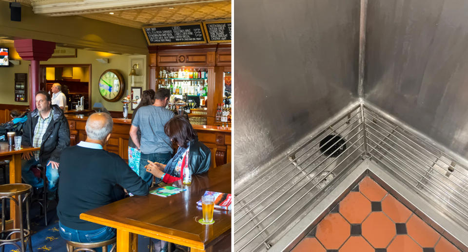 A generic photo of a Melbourne pub. A photo taken by the UK man of an Australian public urinal where there's a metal grate.