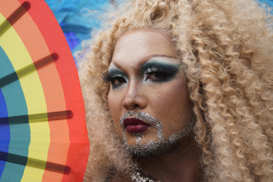 A participant takes part in the Pride Parade in Bangkok, Thailand, Saturday, June 1, 2024. (AP Photo/Sakchai Lalit)