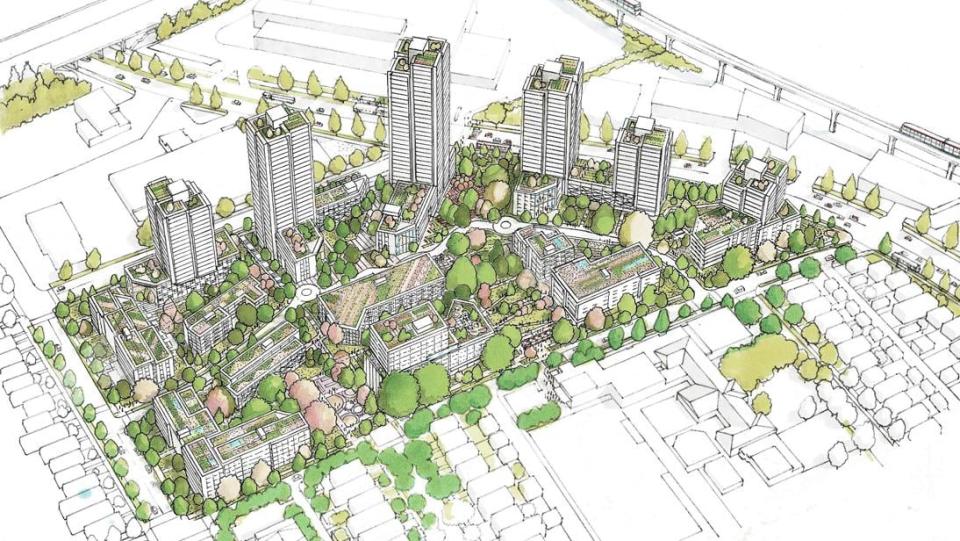 An artist's vision of how the new site is planned to appear taken from the B.C. Housing application. Lougheed Highway is the curved, large road at the drawing's top and right.