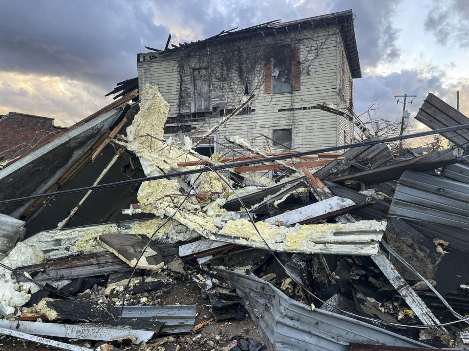 Damaged structure and debris are seen in the aftermath of severe weather, in Selma, Ala. A large tornado damaged homes and uprooted trees in Alabama on Thursday as a powerful storm system pushed through the South Severe Weather Tornado, Selma, United States - 12 Jan 2023