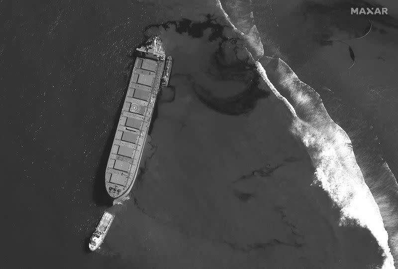 A satellite image shows the MV Wakashio ship and the oil spill off the southeast coast of Mauritius