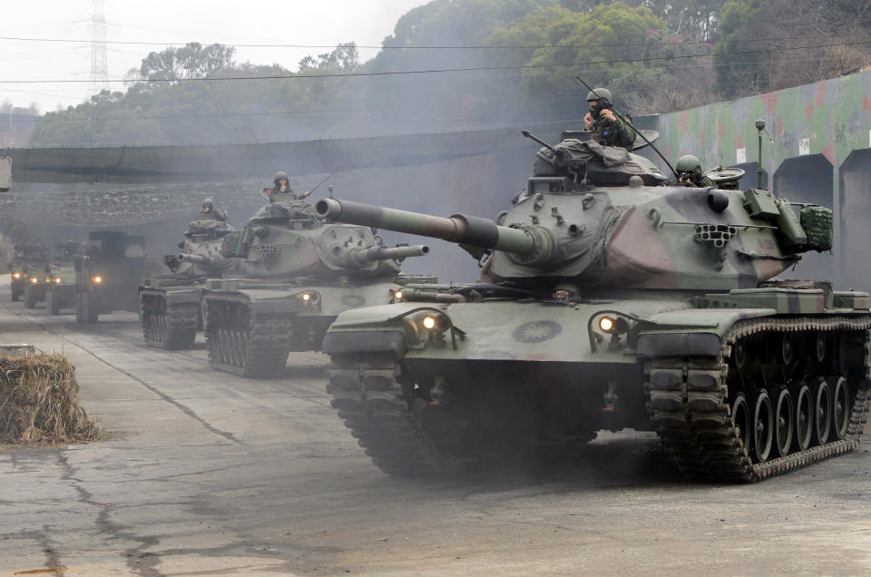 M60A3 Patton tanks move during a military exercises in Taichung, central Taiwan, Thursday, Jan. 17, 2019. Taiwan’s military has conducted a live-fire drill on Thursday to show its determination to defend itself from Chinese threats. (AP Photo/Chiang Ying-ying)