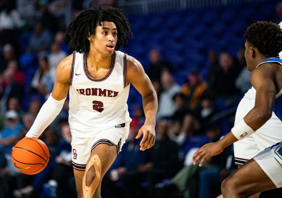 Don Bosco Prep Ironmen guard Dylan Harper (2) handles the ball during the first quarter of a game against the McEachern Indians during the 50th annual City of Palms Classic at Suncoast Credit Union Arena in Fort Myers on Tuesday, Dec. 19, 2023.