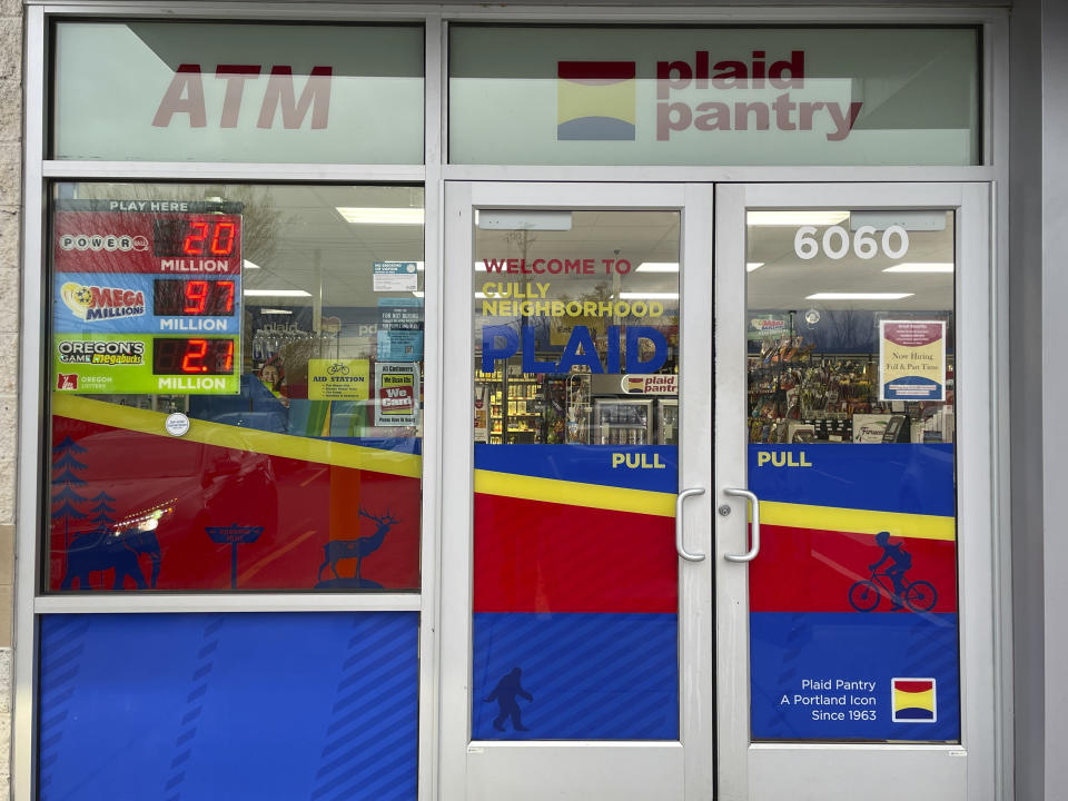 The Plaid Pantry convenience store that sold a $1.3 billion Powerball jackpot, the eighth-largest lottery prize in U.S. history, is seen in Portland, Ore., on Monday, April 8, 2024. The odds of winning a Powerball drawing are 1 in 292 million. (AP Photo/Claire Rush)