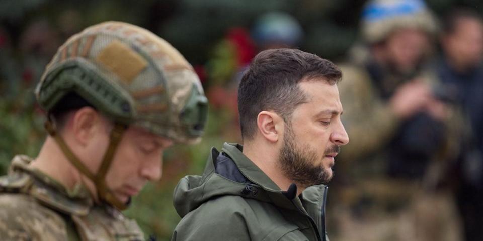 President Volodymyr Zelenskyy in profile with a soldier in newly liberated Izyum, in a picture posted to social media on September 14, 2022