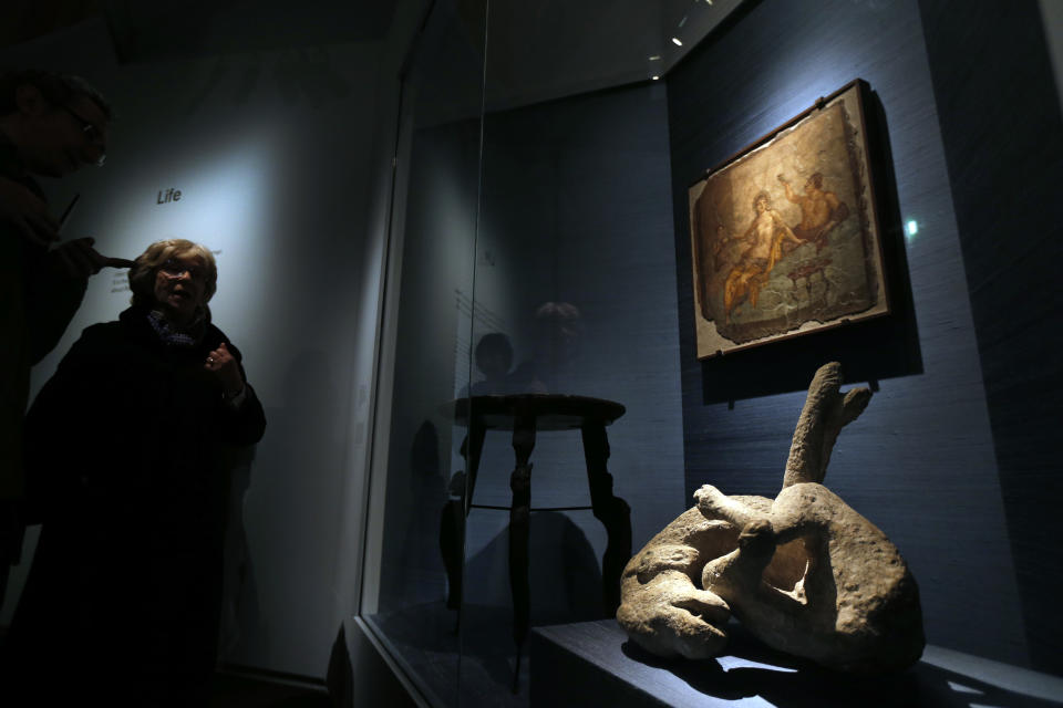 A cast of a dog, which was made by filling plaster in the void left by its body, found in Pompeii is seen, bottom right, among artifacts found in the destroyed city, during a photo call for the upcoming exhibition entitled 'Life and death Pompeii and Herculaneum', at the British Museum in central London, Tuesday, March 26, 2013. The exhibition about the two Roman cities, buried by a catastrophic volcanic eruption of Mount Vezuvius in 79 AD, will run at the museum from March 28 to Sept. 29, 2013. (AP Photo/Lefteris Pitarakis)