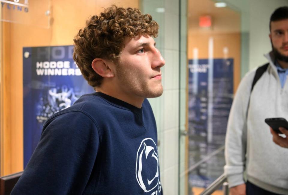 Penn State wrestler Mitch Mesenbrink answers questions during the first availability of the season on Wednesday, Nov. 8, 2023.